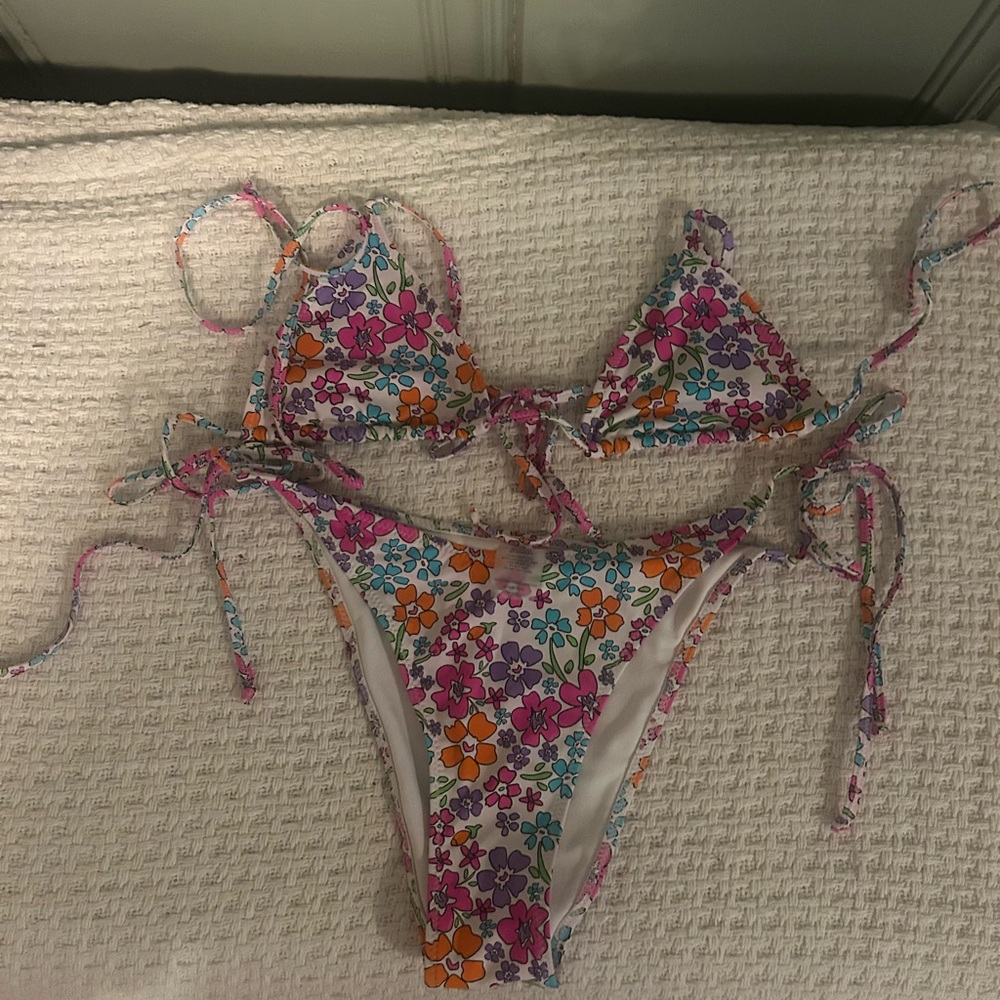 Floral Tie-Side Triangle Bikini - Pink & Orange